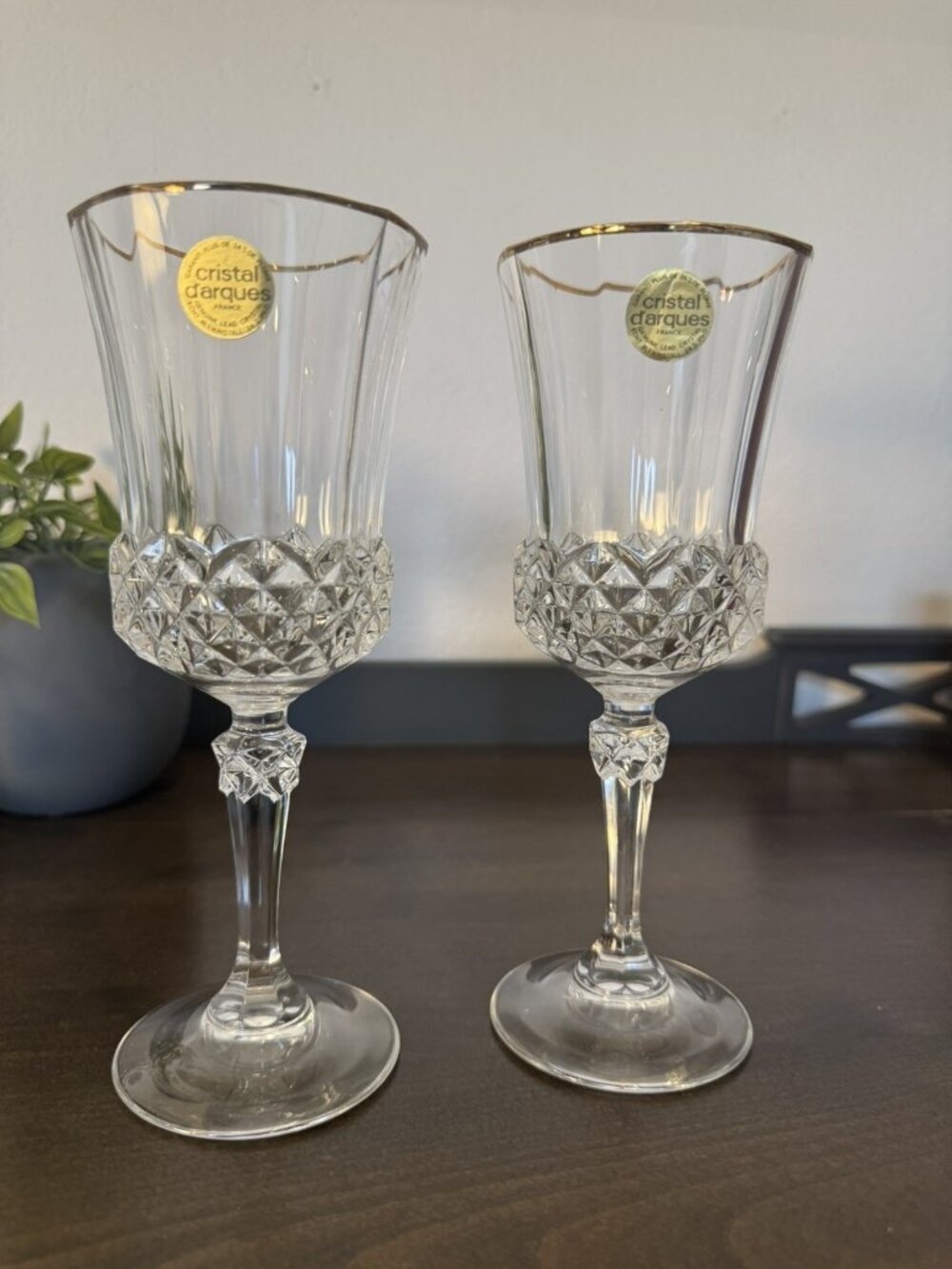 Vintage Crystal Wine Glasses / Gold Gilt Rim / Cristal d'Arques Set of 2